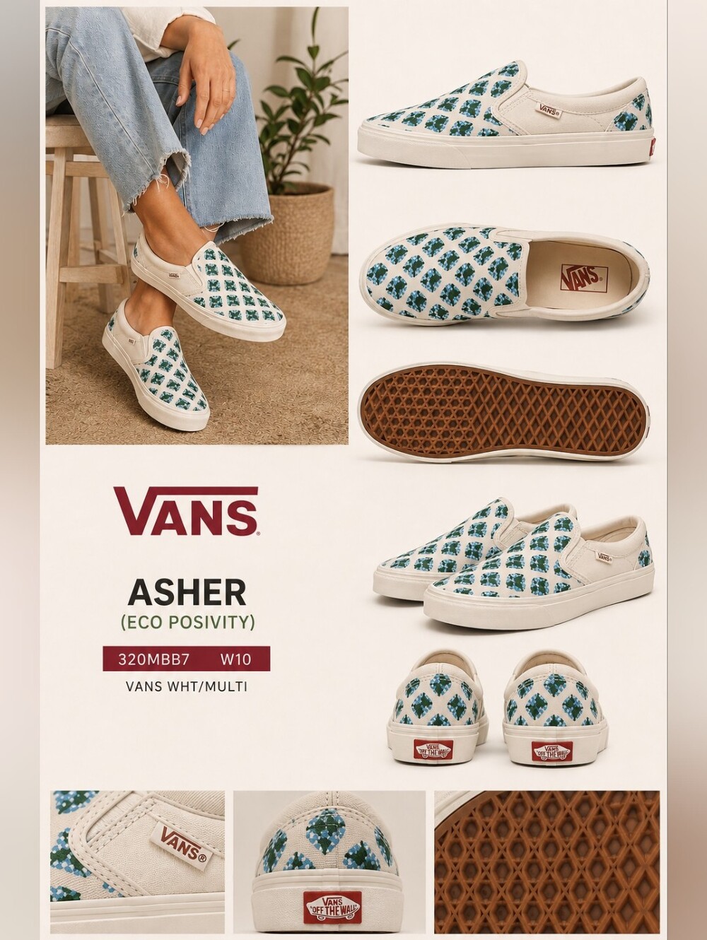 Vans Asher Slip-On Sneakers in White w/Teal&Green Print Size 10Women New W/Box